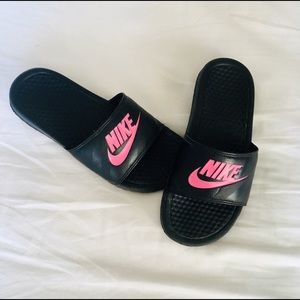 Pink and Black Nike Slides